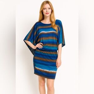 NWOT Abi Ferrin Blue and Brown Striped Drawstring Waist Relaxed Dress Size Large